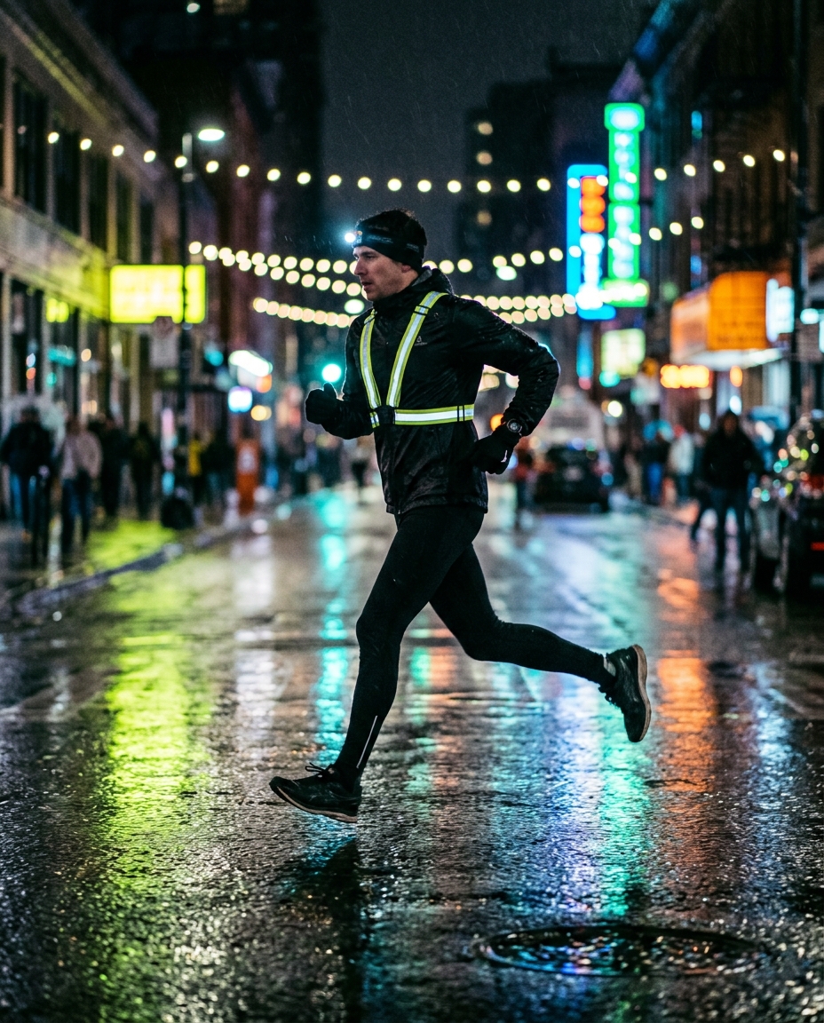 Runner in reflective jacket sprinting through a rain-soaked, neon-lit city street at night